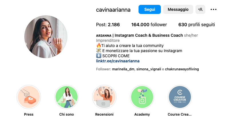 Schermata Profilo Instagram Arianna Cavina