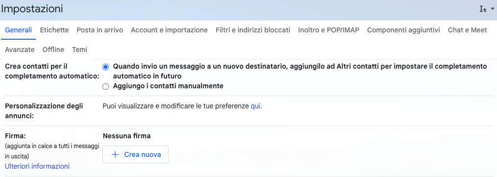 Schermata Aggiungi Firma Gmail
