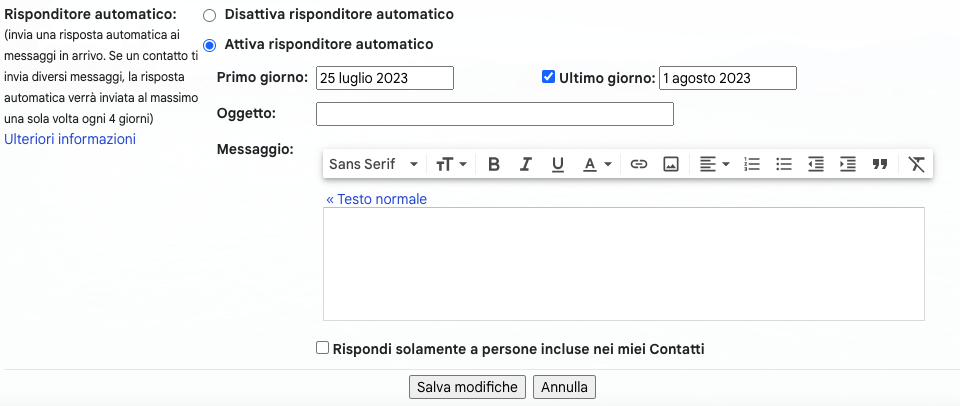 Schermata Risponditore Automatico Gmail