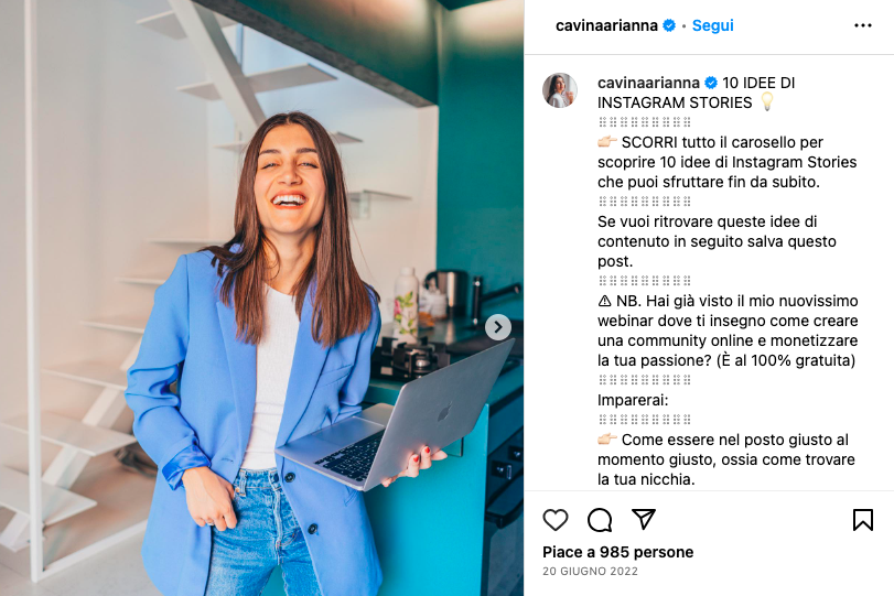 Esempio Didascalia post carosello su Instagram