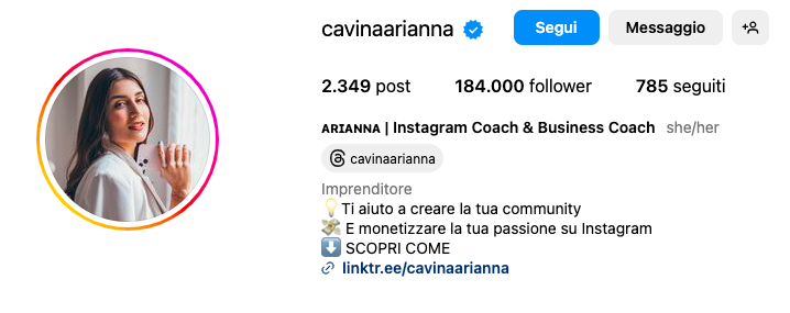 Profilo Instagram Arianna Cavina Link in bio